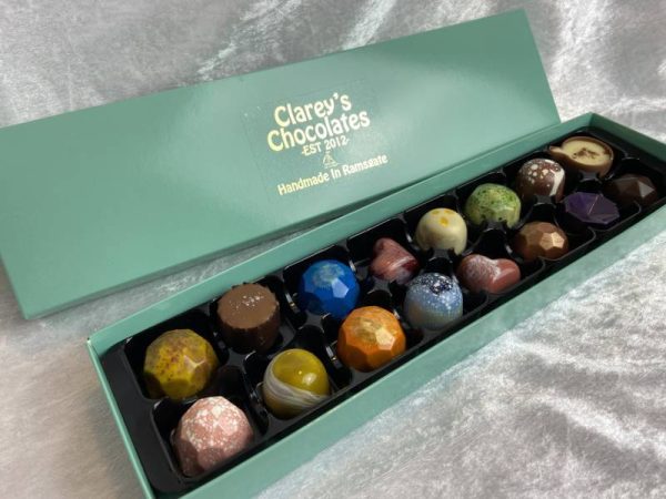Clarey's handmade chocolates presented in signature green box